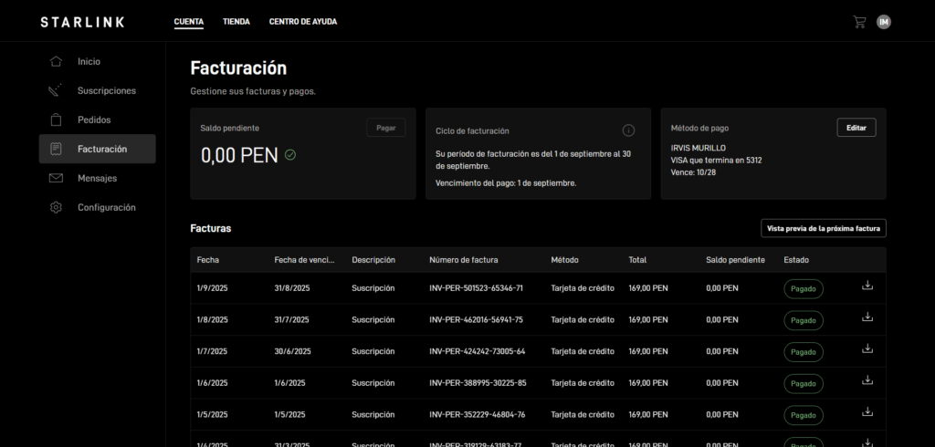Si compras el kit de Starlink directamente en la tienda oficial (Starlink.com) usando el mismo correo con el que realizaste tu pedido, tendrás acceso a tu dashboard personal. Desde allí podrás revisar todos los detalles de tu cuenta, incluyendo el consumo y las facturas. Tal como se muestra en la imagen superior, en la sección de Facturación es posible visualizar cada uno de los recibos de pago y gestionar el servicio de forma sencilla, ya que el sistema permite pagar el servicio cada mes. Para que el cobro se procese correctamente, es indispensable registrar una tarjeta de débito o crédito, de modo que el sistema realice el cargo automático sin complicaciones.
