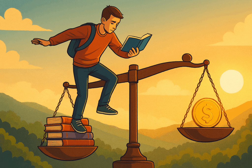 El texto desafía la idea romántica de "buscar la felicidad" o "encontrar el talento" como único criterio para elegir una carrera. A través de anécdotas personales sobre compañeros de escuela que soñaban con vidas de viajeros, ilustra cómo la realidad eventualmente obliga a todos a "pisar tierra firme".