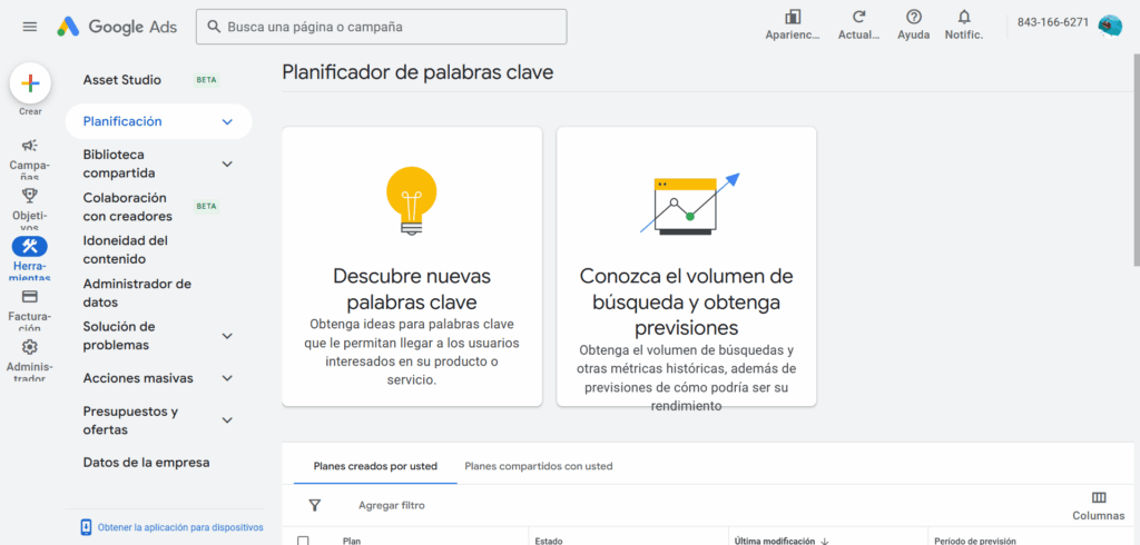 Dashboard del Planificador de Palabras Clave de Google Ads